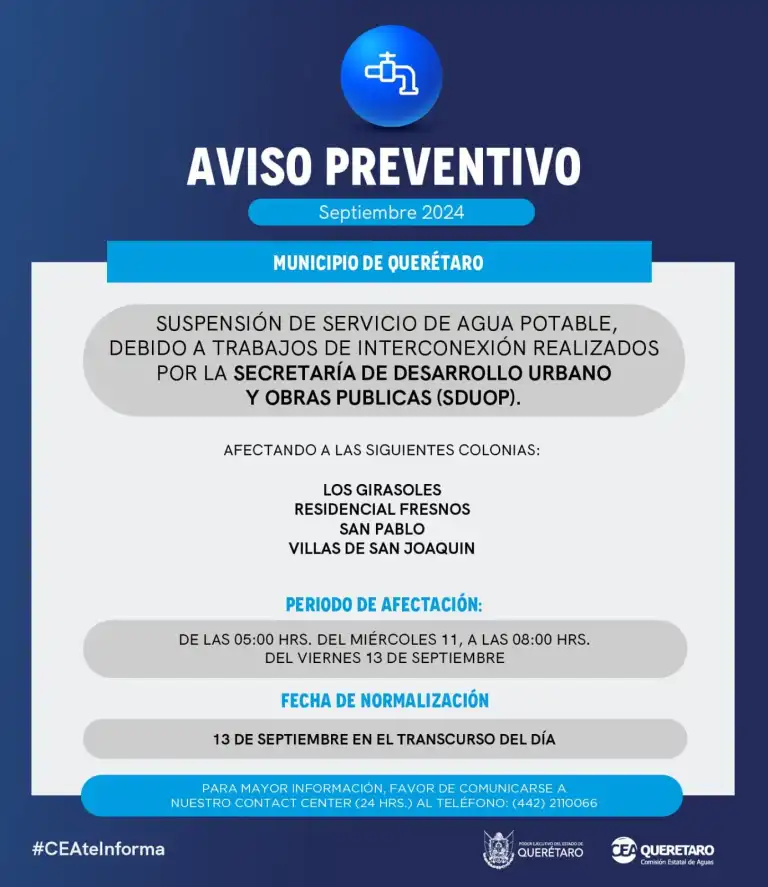 Suspensión temporal del servicio de agua potable en cuatro colonias por trabajos de interconexión