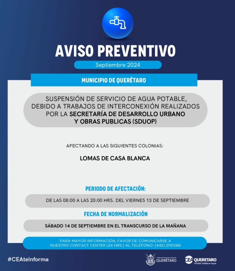 Suspensión de servicio de agua en Lomas de Casa Blanca este viernes por trabajos de interconexión