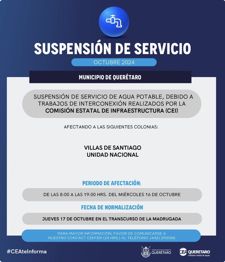 CEA Suspende Servicio de Agua en Querétaro este Miércoles