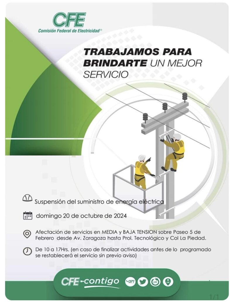 CFE Anuncia cortes de energía para el domingo en Paseo 5 de Febrero 