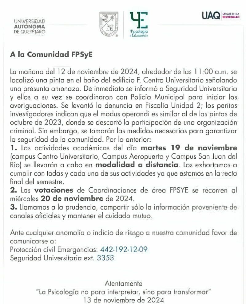 Suspenden clases en la UAQ por presuntas amenazas en el Edificio F