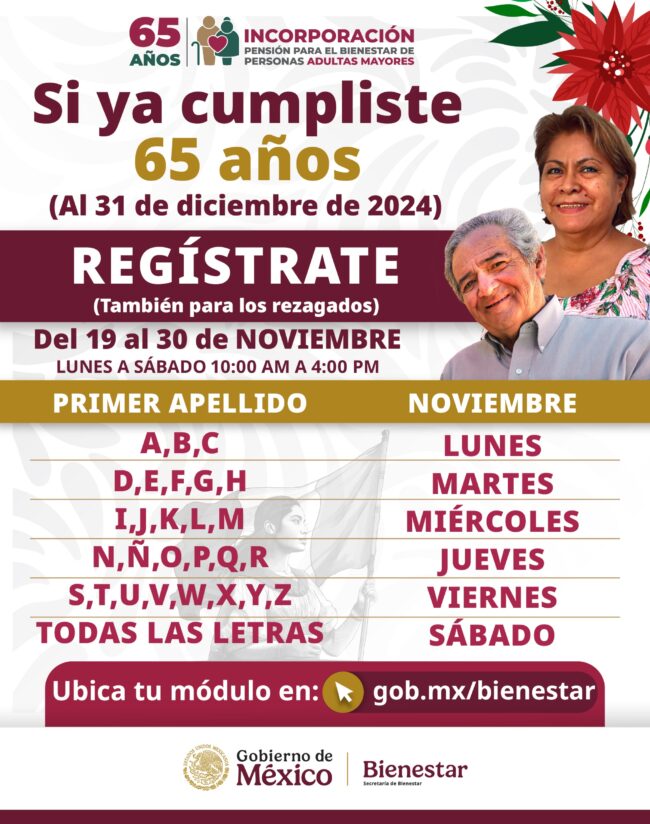 ¡Atención adultos mayores! Abren registro del 19-30 de Noviembre para Pensión del Bienestar en todo el país