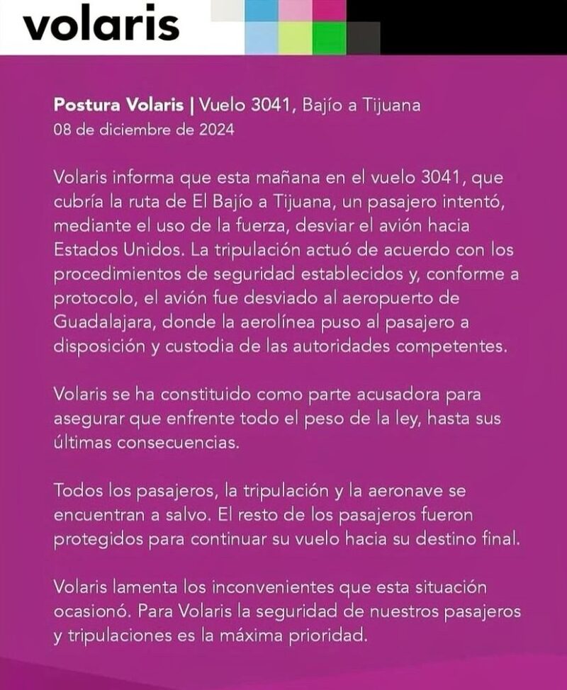 Volaris desvía vuelo por intento de secuestro; pasajero detenido en Guadalajara