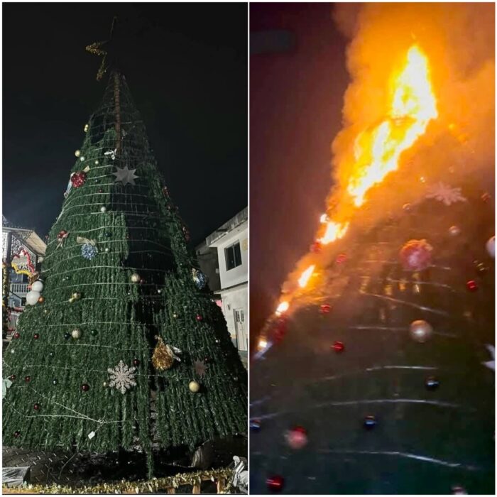 Cortocircuito provoca incendio en árbol navideño de San Pedro Escanela, Pinal de Amoles