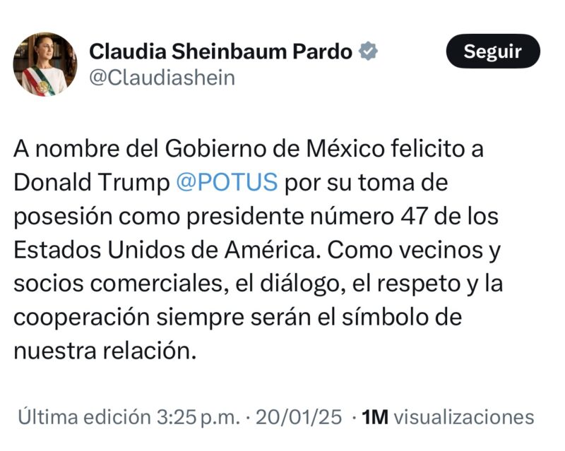 Sheinbaum felicita a Trump por su investidura y apela al diálogo y respeto