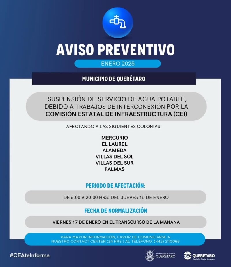 Corte de agua en Querétaro seis colonias se quedarán sin servicio