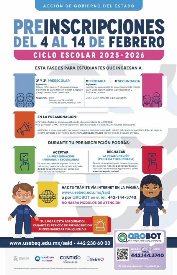 Anuncian Preinscripciones 2025-2026 de la USEBEQ del 4 al 14 de Febrero