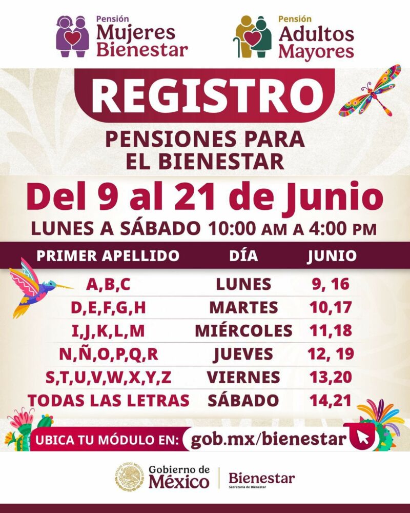 Se abre el registro para pensiones Mujeres Bienestar y Adultos Mayores del 9 al 21 de Junio