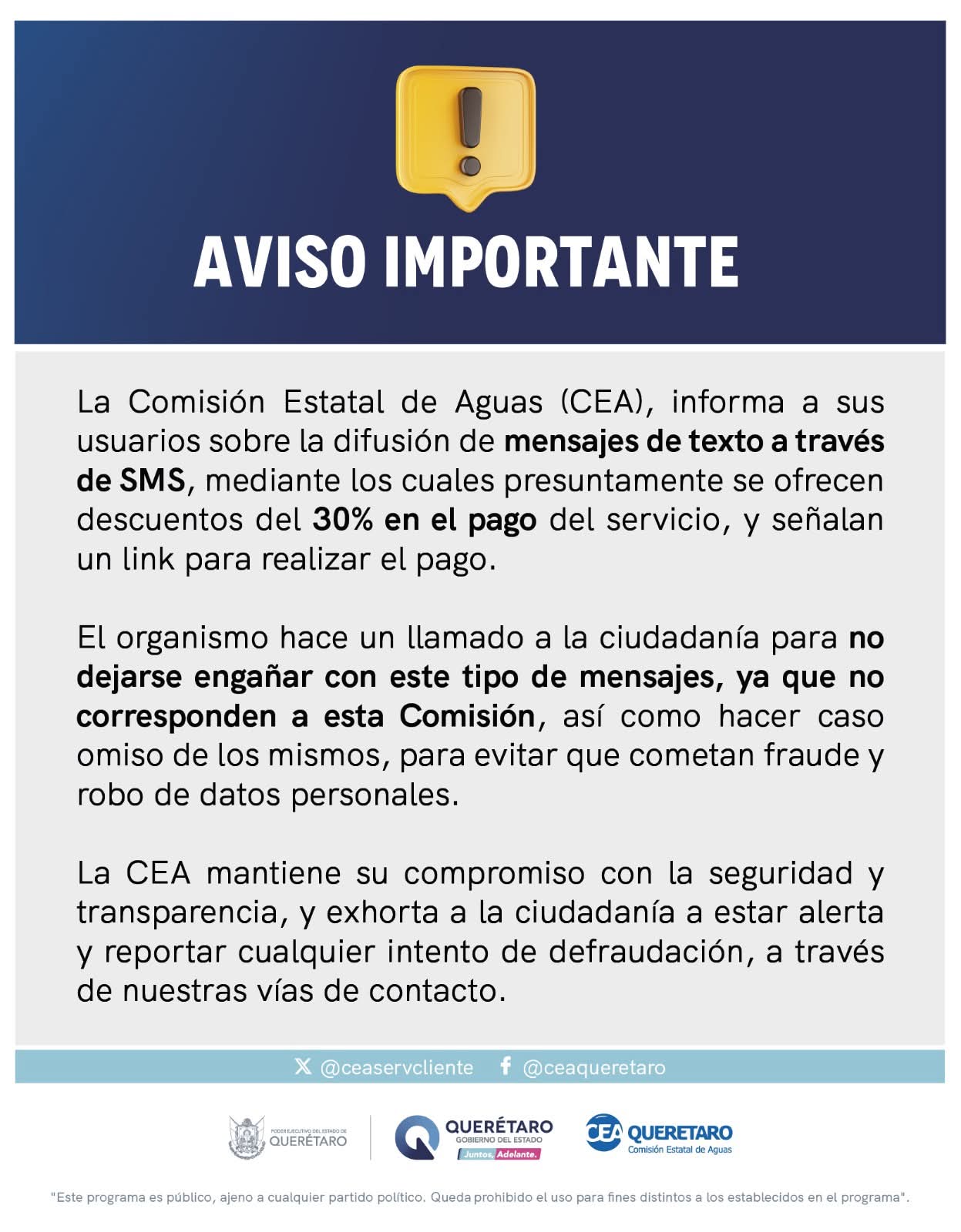 CEA alerta por mensajes falsos que ofrecen descuentos en el pago del agua
